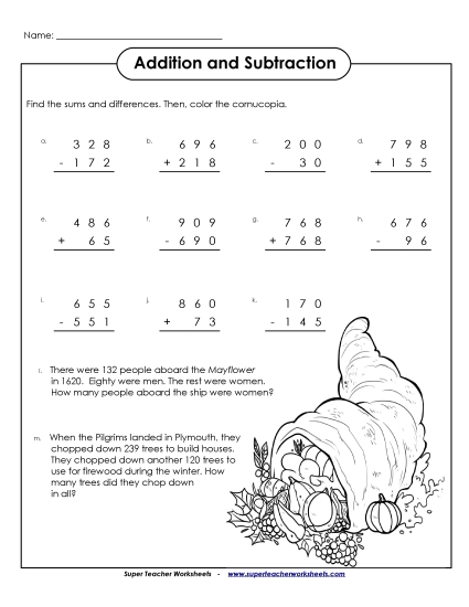 Addition & Subtraction (3-Digit) Thanksgiving Worksheet