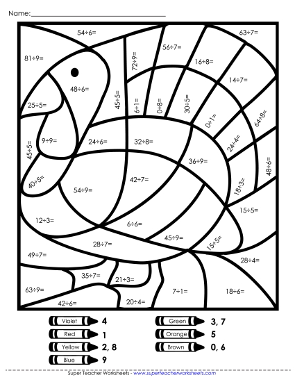 Basic Division Mystery Picture - Thanksgiving Turkey Worksheet