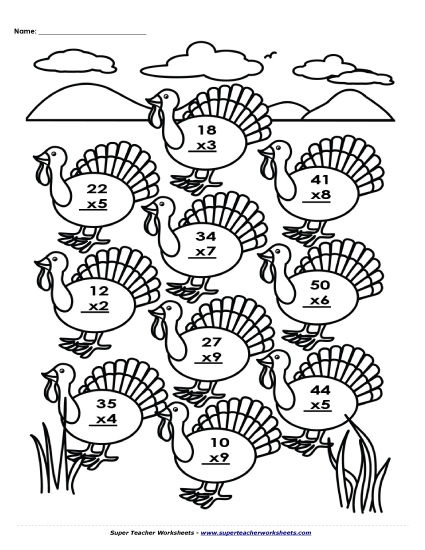 Turkey Multiplication (2-Digit) Worksheet