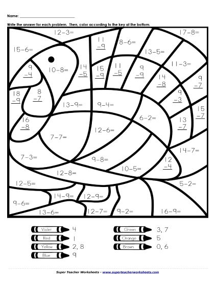 Basic Subtraction Mystery Picture - Turkey Worksheet