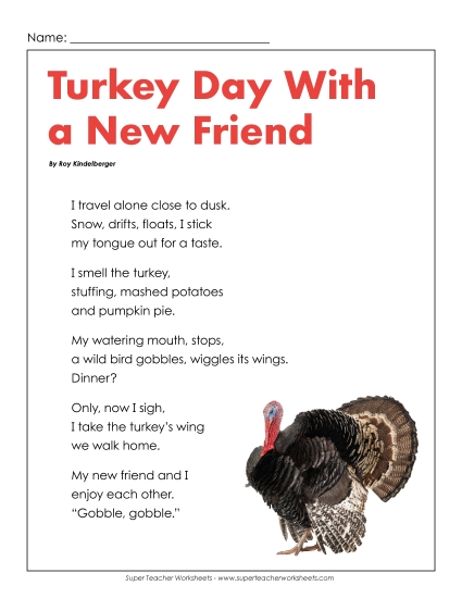 Turkey Day Friend (Poem) Poems Worksheet