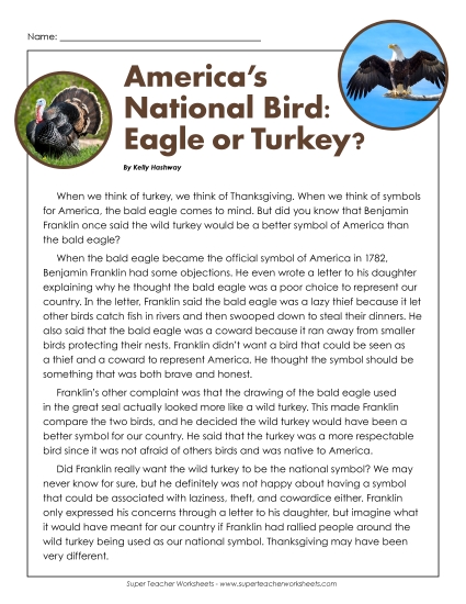 America’s National Bird: Eagle or Turkey? (Non-Fiction) Reading Comprehension Worksheet