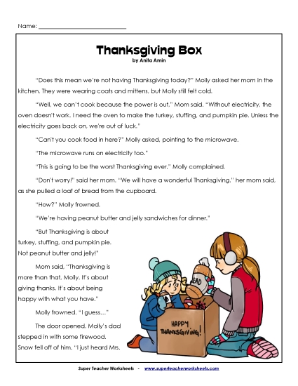 Molly\'s Thanksgiving Box  (Fiction) Worksheet