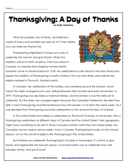 A Day of Thanks (Non-Fiction) 4th Grade Reading Comprehension Worksheet