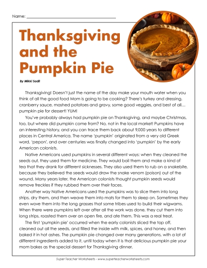 Pumpkin Pie (Non-Fiction) 5th Grade Reading Comprehension Worksheet