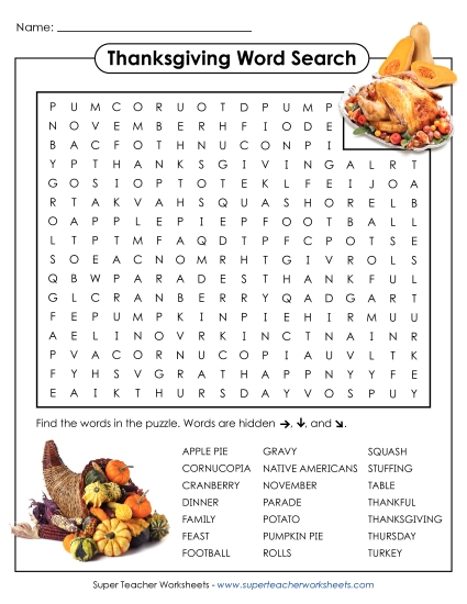 Thanksgiving Word Search Holiday Worksheet