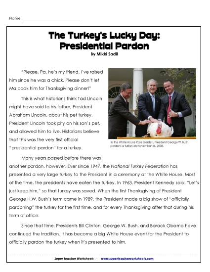 Presidential Turkey Pardons (Non-Fiction) 4th Grade Reading Comprehension Worksheet