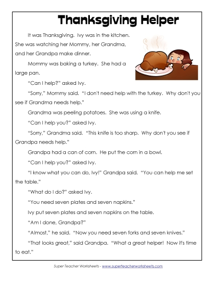 Thanksgiving Helper (Fiction) 1st Grade Reading Comprehension Worksheet