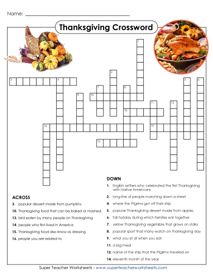 Thanksgiving Crossword Puzzle Holiday Worksheet