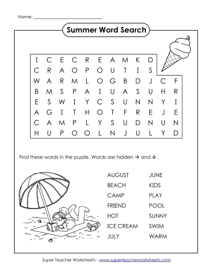 Word Search Puzzle - Summer (Easy)