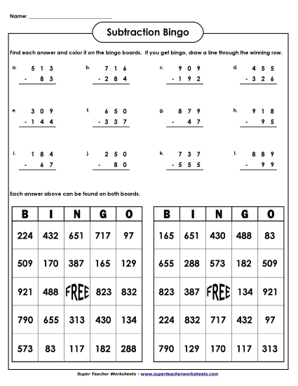 Subtraction Bingo (3-digits / Regrouping)