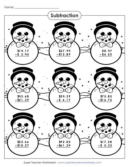Snowmen Subtraction Picture (Money)