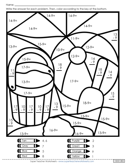 Mystery Picture - Beach (Basic Subtraction)