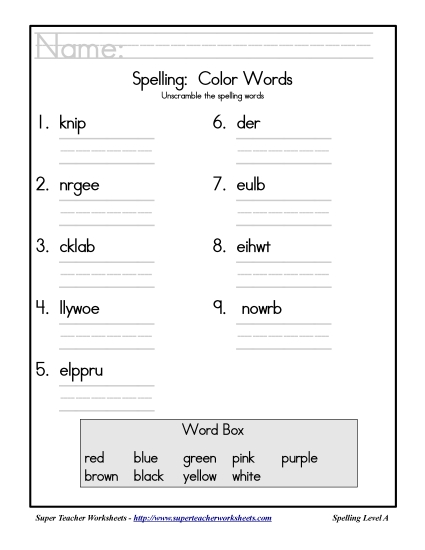 Theme List - Colors: Unscramble