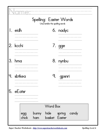 Holiday List - Easter: Unscramble