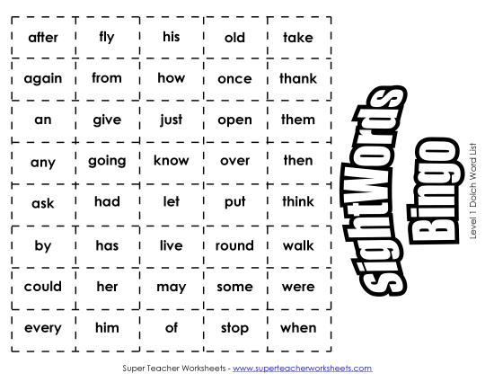Dolch Bingo: Level 1