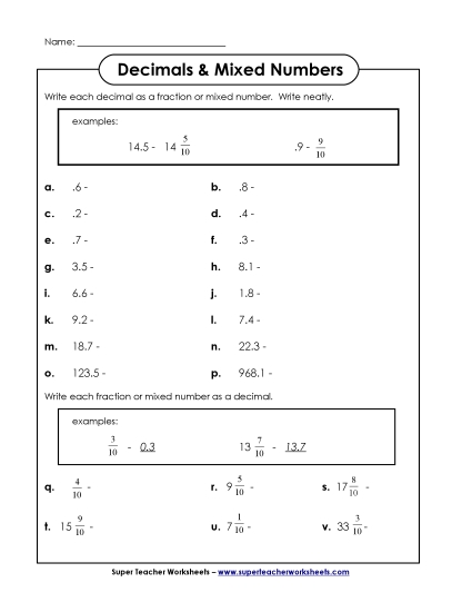 Mixed Numbers to Decimals