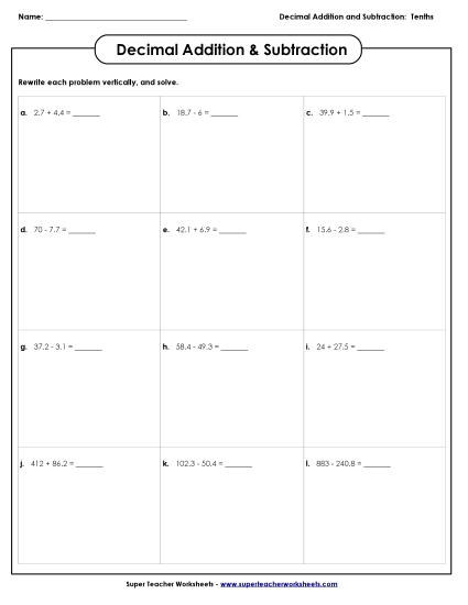 Add & Subtract: Tenths