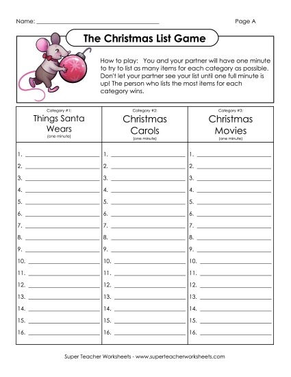 Christmas List Game Worksheet