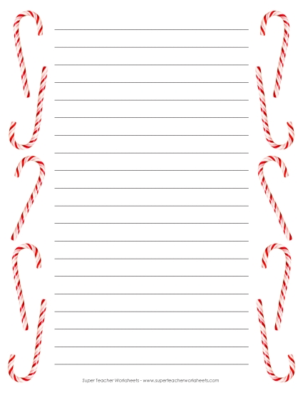 Candy Cane Writing Paper Christmas Worksheet