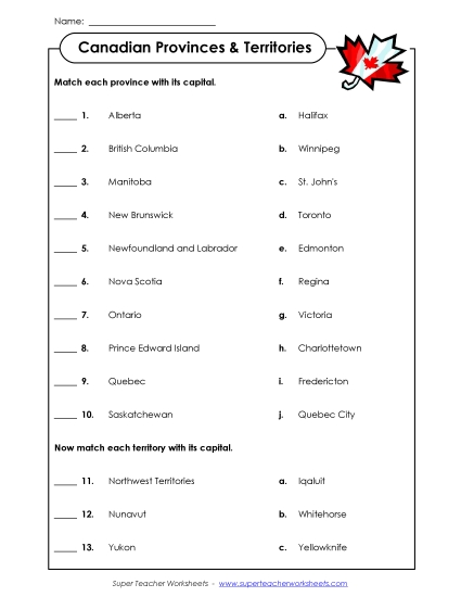Matching Worksheet - Capitals