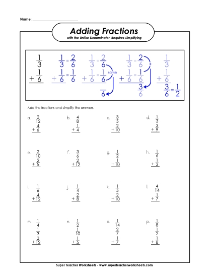 Adding Fractions Worksheet (Unlike Denominators) 1