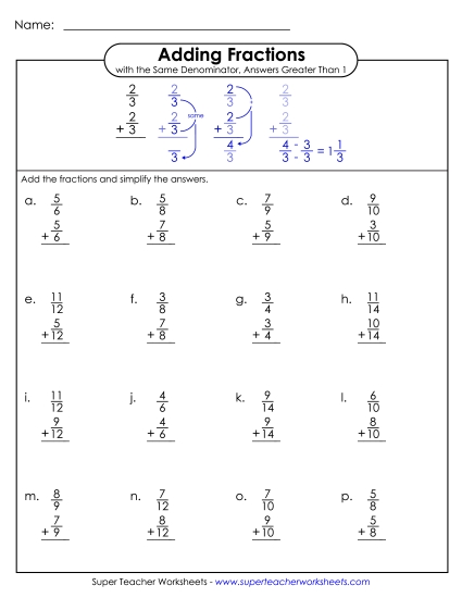 Adding Fractions<br>(w/ Answers > 1)
