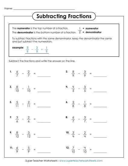 Subtracting Fractions w/ Like Denominators (Horizontal)