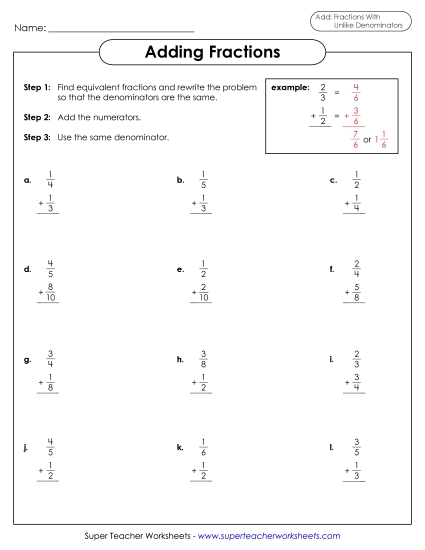 Adding Fractions Worksheet (Unlike Denominators)&nbsp; 2
