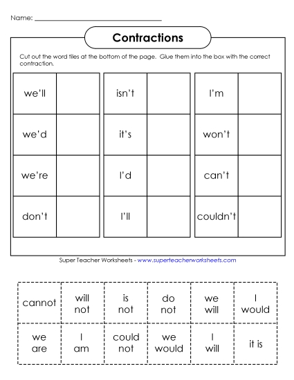 Contractions: Cut & Paste Activity 1