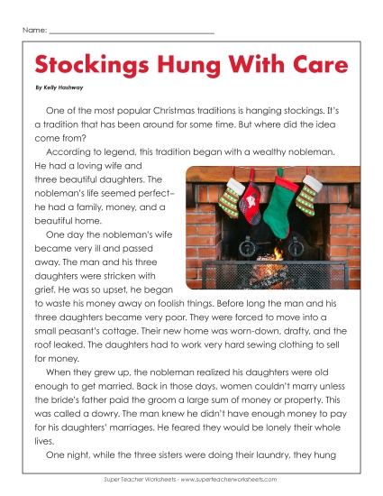 Christmas Stockings (Legend) Reading Comprehension Worksheet