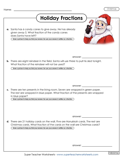 Christmas Fractions Word Problems Math Worksheet