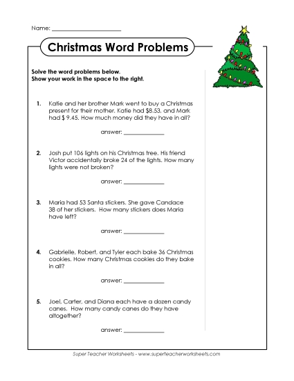 Christmas Add/Subtract Word Problems Worksheet