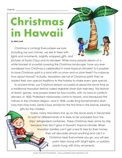 Christmas in Hawaii (Article) Reading Comprehension Worksheet
