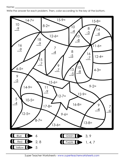 Basic Subtraction Mystery Picture (Stocking) Christmas Worksheet