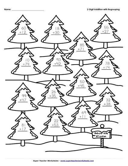 2-Digit Addition Winter Trees (With Regrouping)