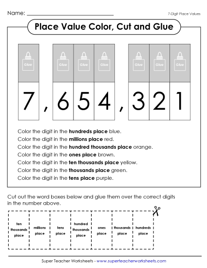 Place Value Color, Cut, & Paste Activity (7-Digits)