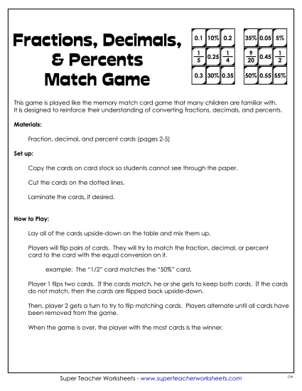 Percent Memory Match Game Percents Worksheet