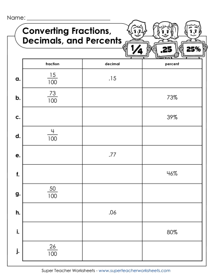 Converting Decimals, Fractions, and Percents (Basic) Free Worksheet