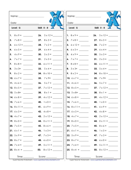 Multiplication Timed Quiz 0 - 8