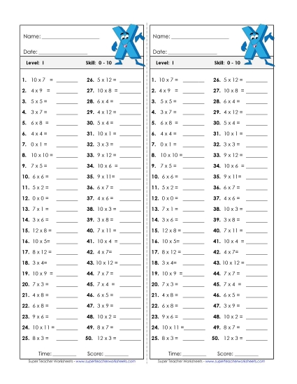Multiplication Timed Quiz 0 - 10