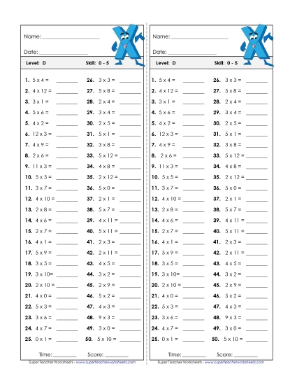 Multiplication Timed Quiz 0 - 5