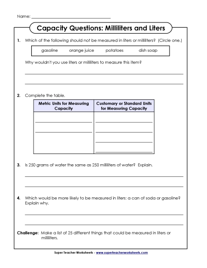 Capacity Questions: Liters and Milliliters
