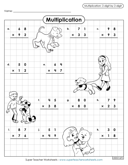 Dog Multiplication: 2-digit by 2-digit