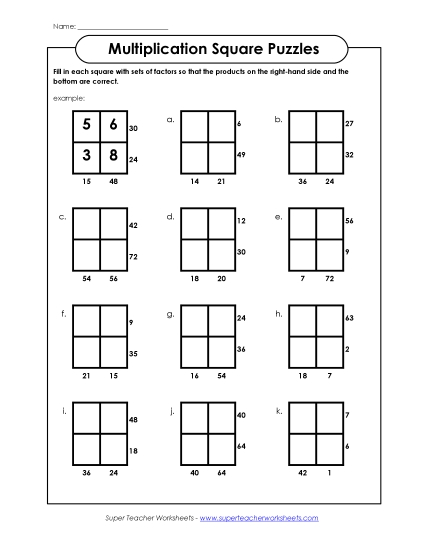 Multiplication Squares Puzzle (Basic Facts 0-9)