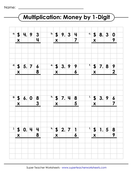 Money Multiplication: 1-digit Numbers