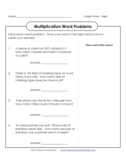 Multiplication Word Problems: 3 digits by 1 digit