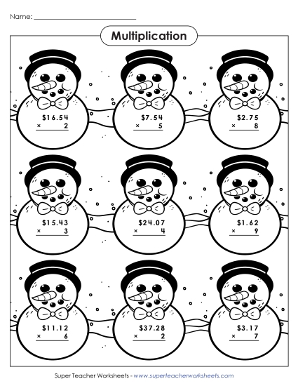 Snowmen Multiplication Picture (Money)