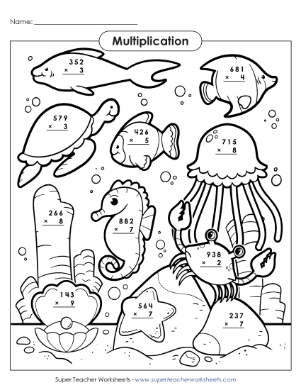 Sea Animal Multiplication: 3-digit by 1-digit
