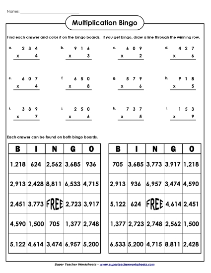 Multiplication Bingo:&nbsp; 3-digit by 1-digit